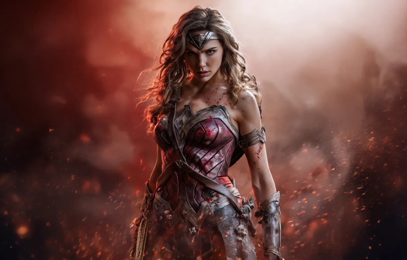 Фото обои девушка, кровь, дым, доспехи, арт, искры, красотка, Wonder Woman