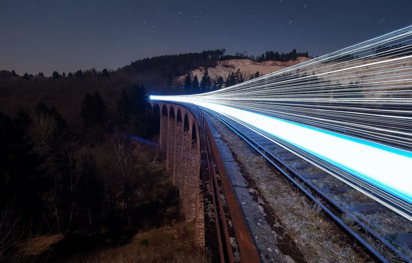 Фото обои ночь, огни, поезд, железная дорога, Ghost Train