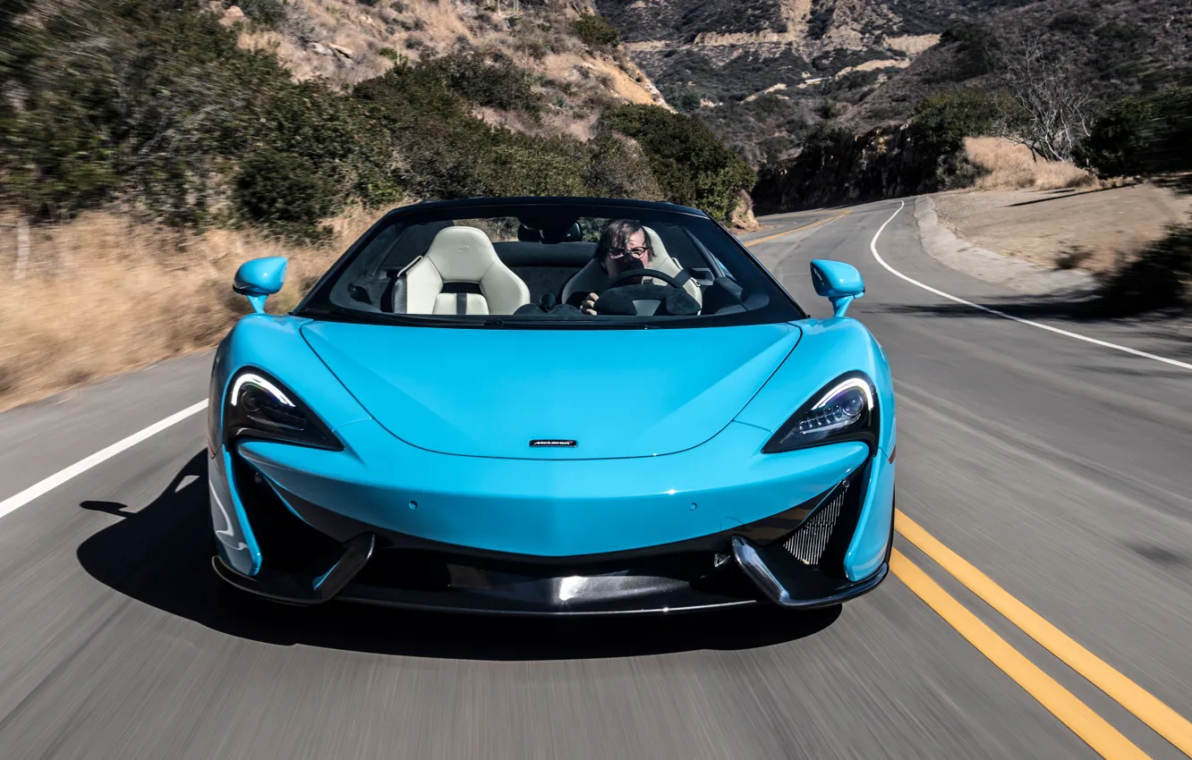 Фото обои дорога, McLaren, суперкар, вид спереди, 2018, Spider, 570S