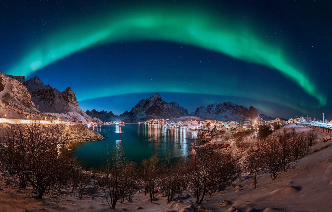 Фото обои зима, озеро, сияние, фото, Норвегия, северное