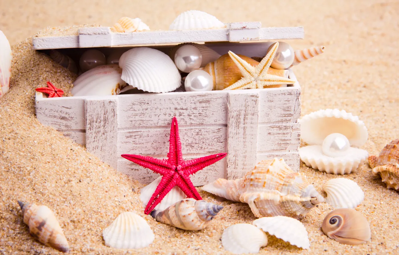 Фото обои песок, море, природа, морская звезда, жемчужины, сундучок, морские ракушки