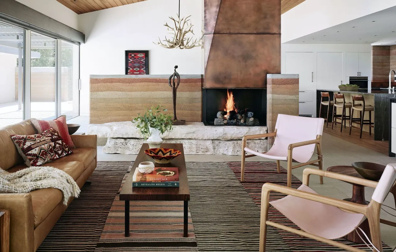 Фото обои интерьер, кухня, камин, гостиная, столовая, ранчо, by Jobe Corral Architects, River Ranch