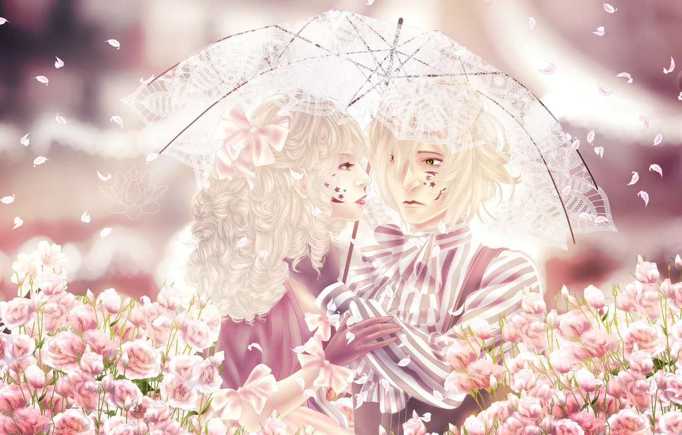 Фото обои девушка, цветы, зонт, аниме, лепестки, арт, парень, бант