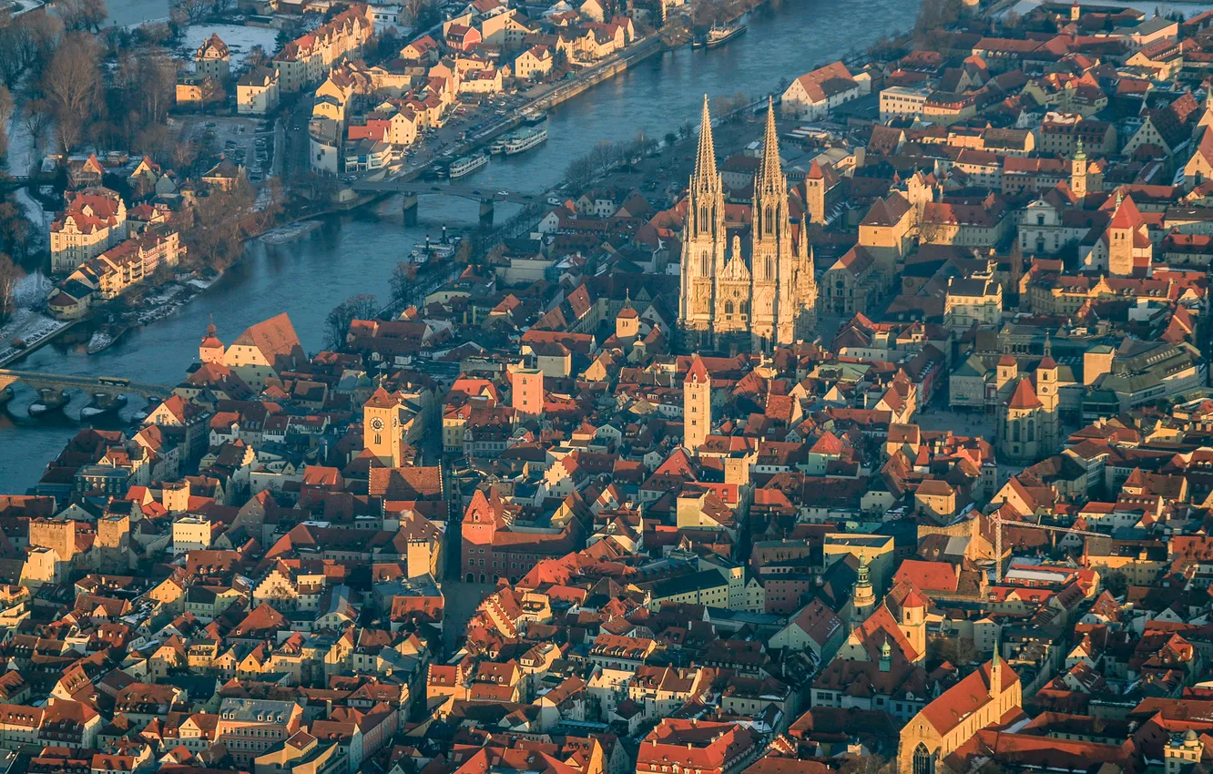 Фото обои мост, река, дома, Германия, Бавария, церковь, панорама, собор