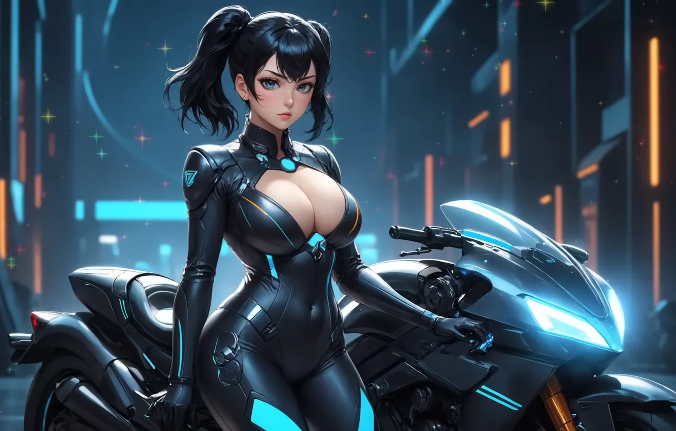 Фото обои cleavage, bodysuit, motorcycle, women, waifu2x, AI art