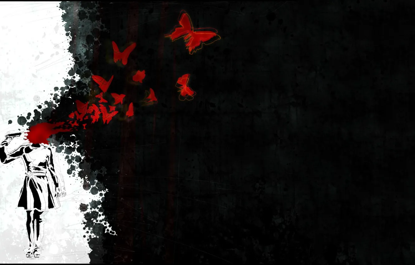 Фото обои пустота, бабочки, кровь, выстрел, Женщина, писолет