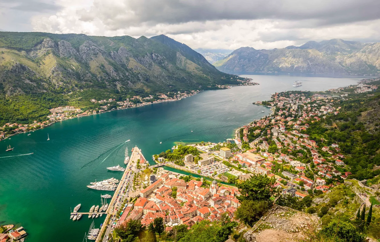 Фото обои горы, панорама, Черногория, Котор, Montenegro, Которский залив, Kotor, хребет Ловчен