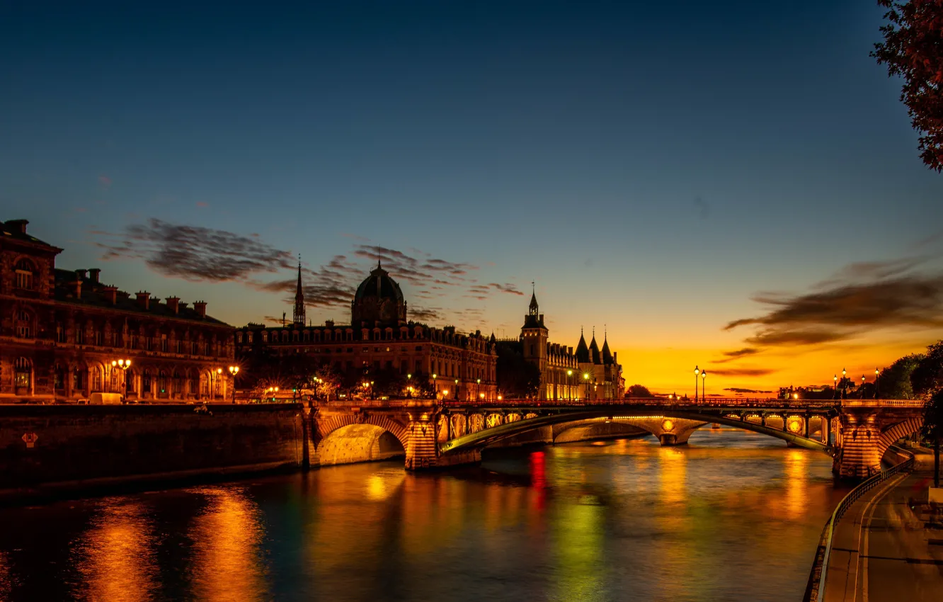Фото обои небо, ночь, мост, город, огни, река, Франция, Париж
