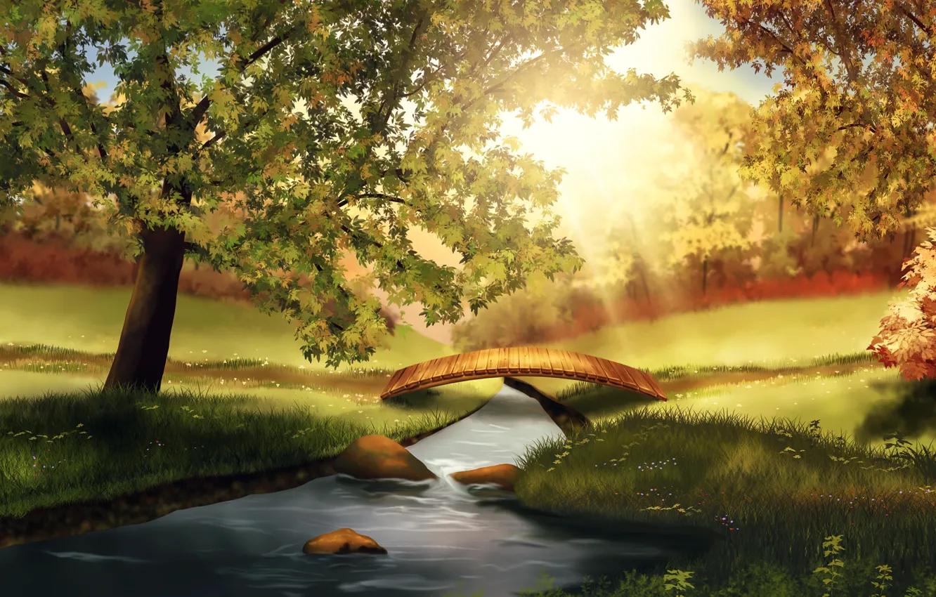 Фото обои Nature, Bridge, Summer, Scenery, River, Forest, Graphics