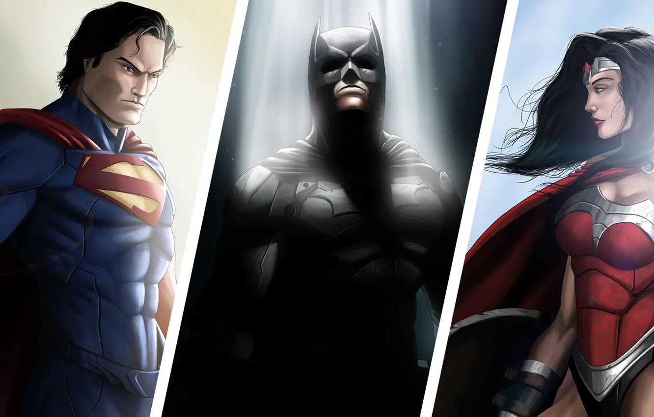 Фото обои Wonder Woman, Superheroes, Batman, Superman, DC Comics, Trinity.