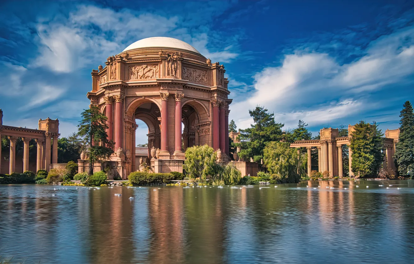Фото обои пруд, здание, Калифорния, Сан-Франциско, архитектура, California, San Francisco, Дворец изящных искусств