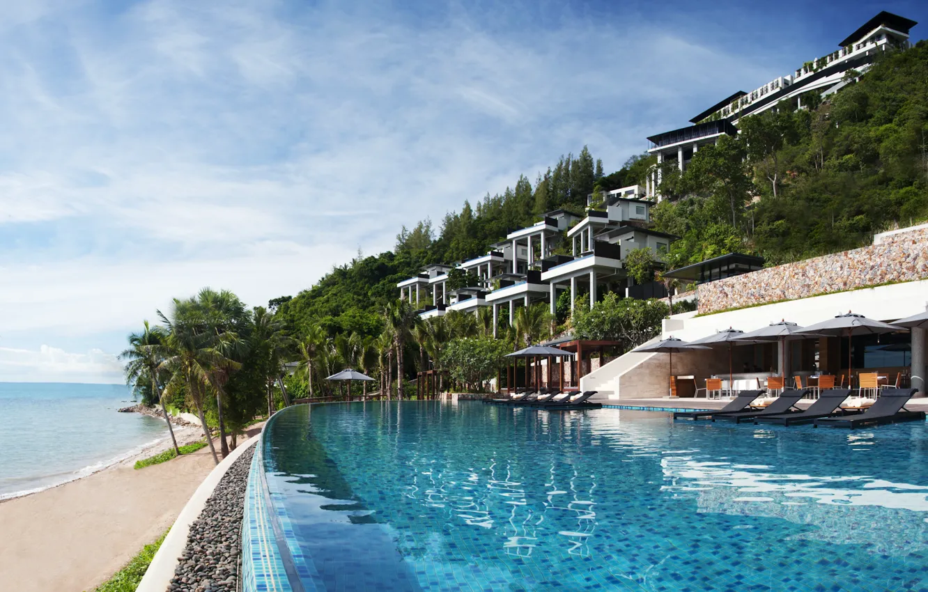 Фото обои тропики, пальмы, океан, бассейн, отель, курорт