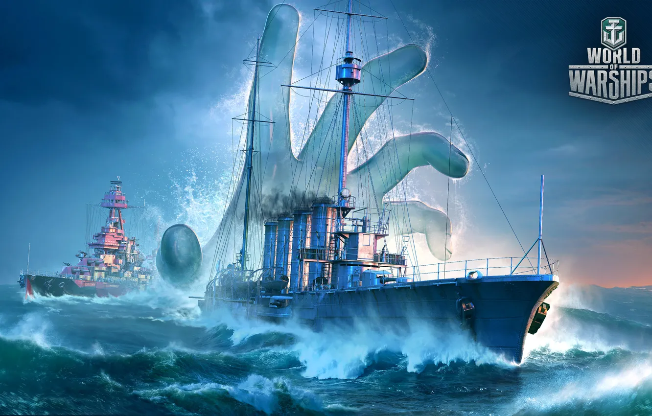 Фото обои брызги, океан, игра, рука, корабли, армия, World Of Warship