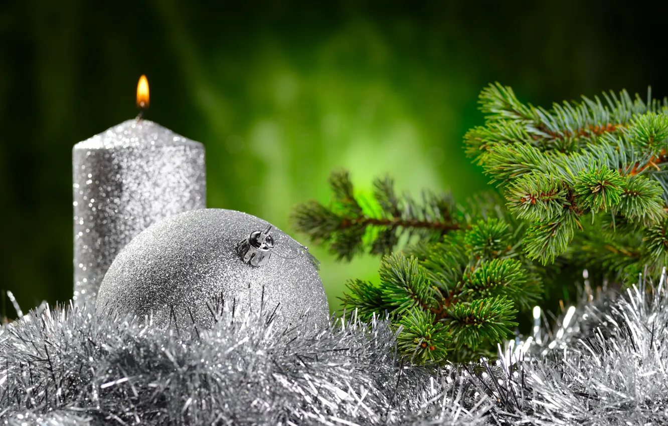Фото обои шары, елка, свеча, Новый Год, Рождество, мишура, Christmas, New Year