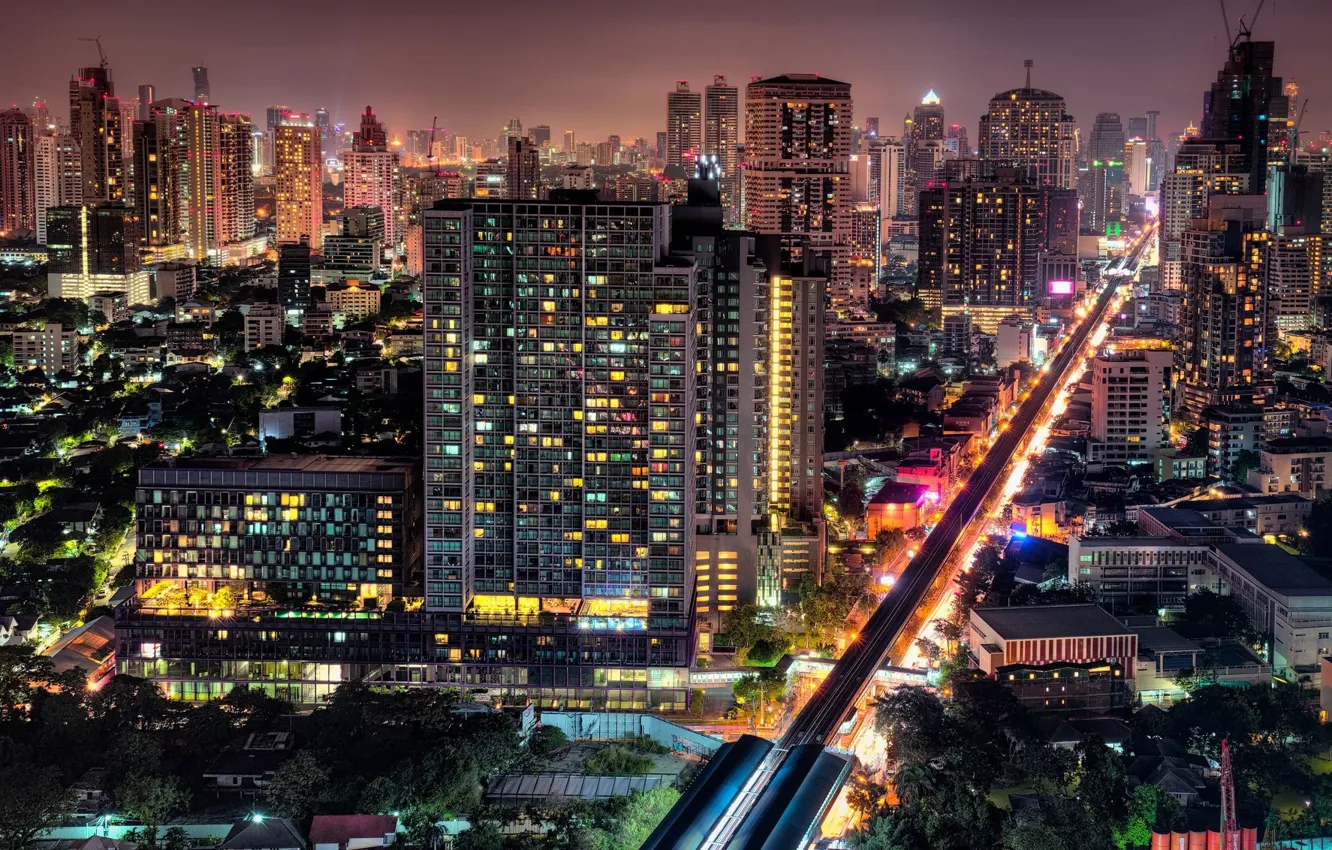Фото обои дорога, ночь, город, огни, Тайланд, Бангкок