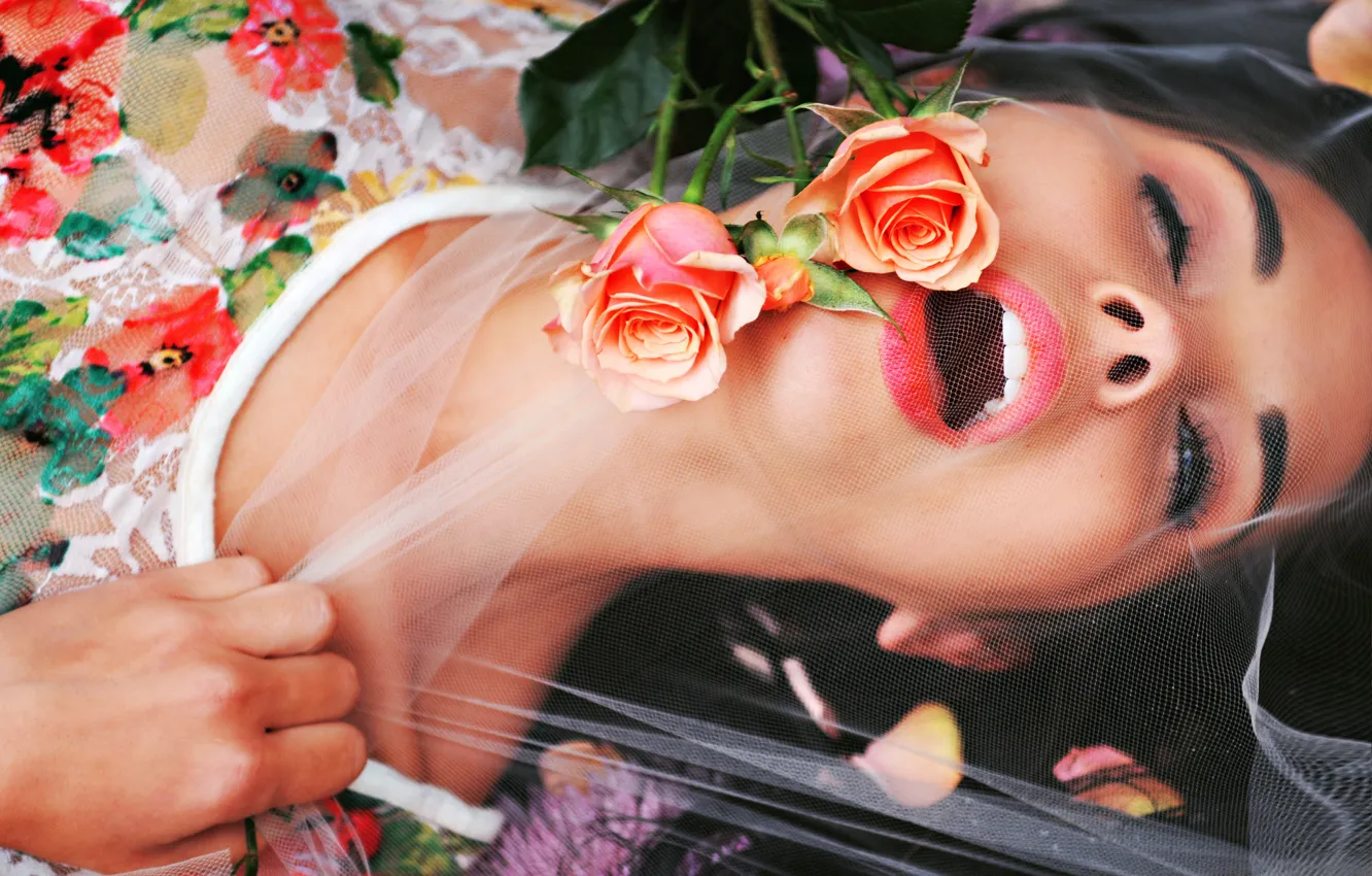 Фото обои девушка, цветы, эмоции, сетка, модель, розы, брюнетка, вуаль