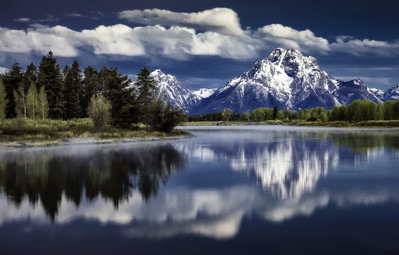 Фото обои облака, деревья, горы, река