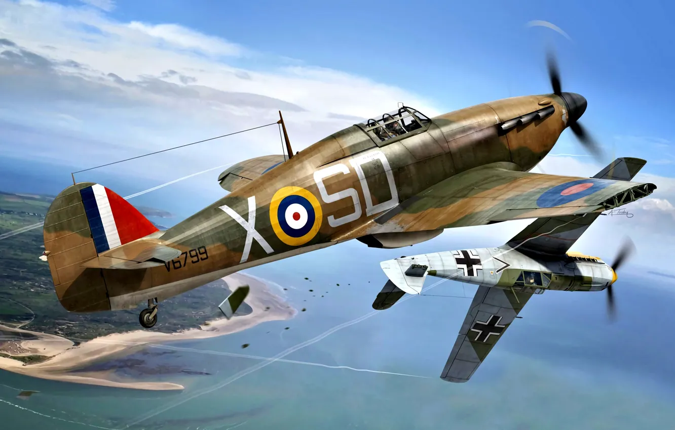 Фото обои Messerschmitt, Битва за Британию, WWII, Hawker Hurricane Mk.I, Military Aircraft, Bf. 109E-4, Таран