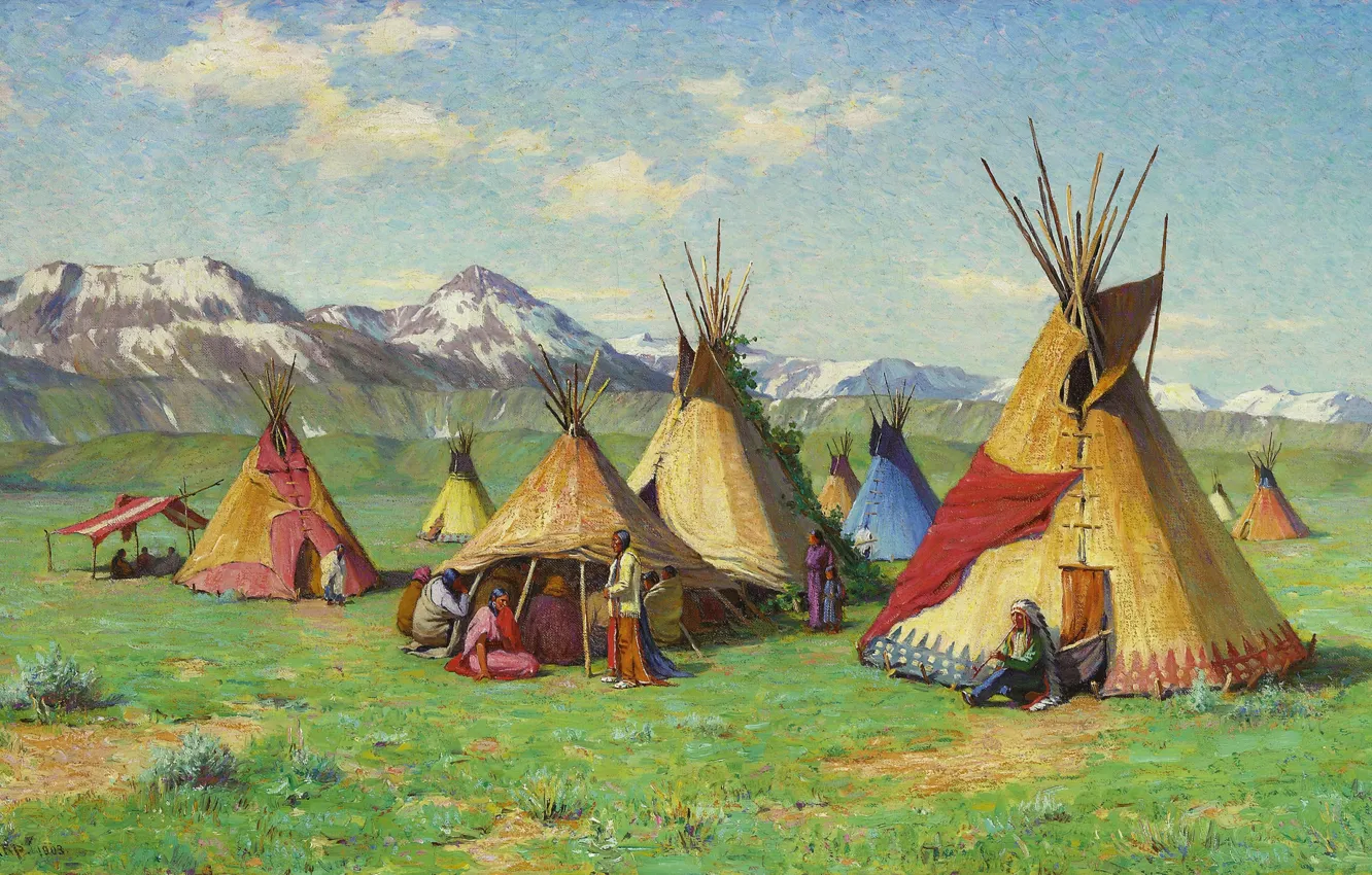 Фото обои горы, индейцы, жилища, Joseph Henry Sharp, The Medicine Teepee