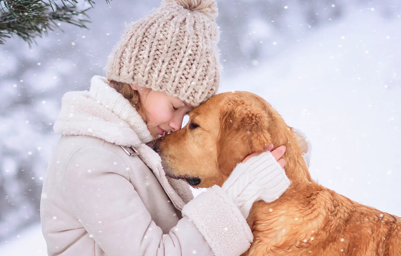 Фото обои зима, снег, собака, девочка, друзья, пёс, подросток, Виктория Дубровская