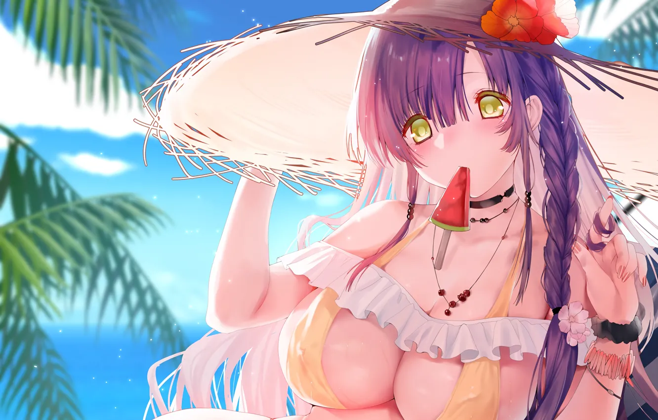 Фото обои girl, sexy, cleavage, sky, long hair, sea, hat, boobs