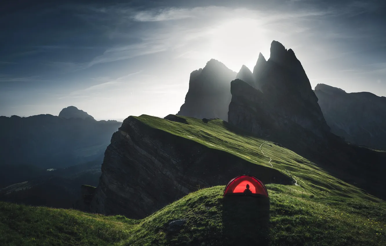 Фото обои свет, горы, палатка
