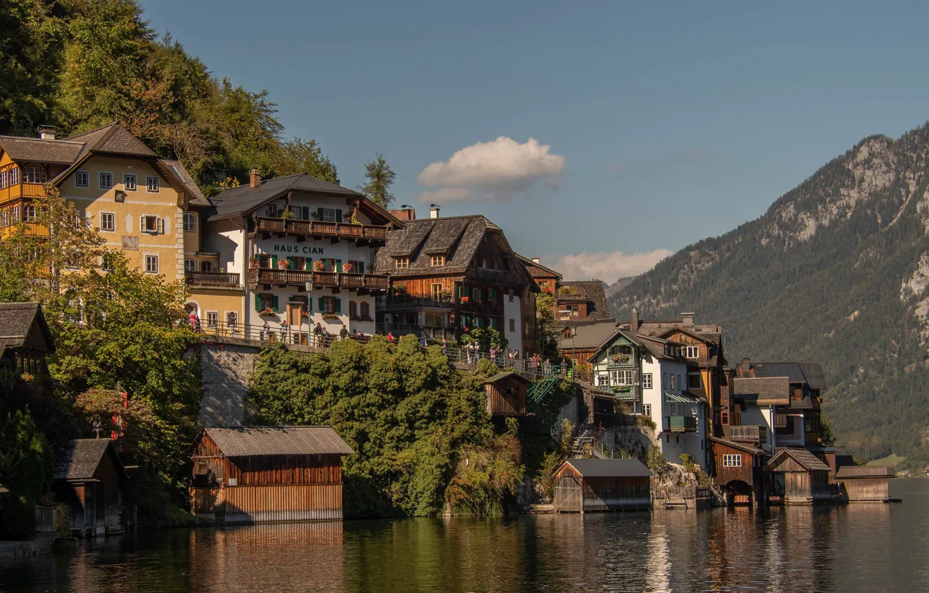 Фото обои вода, горы, озеро, дома, Австрия, Austria, Hallstatt, Гальштатское озеро