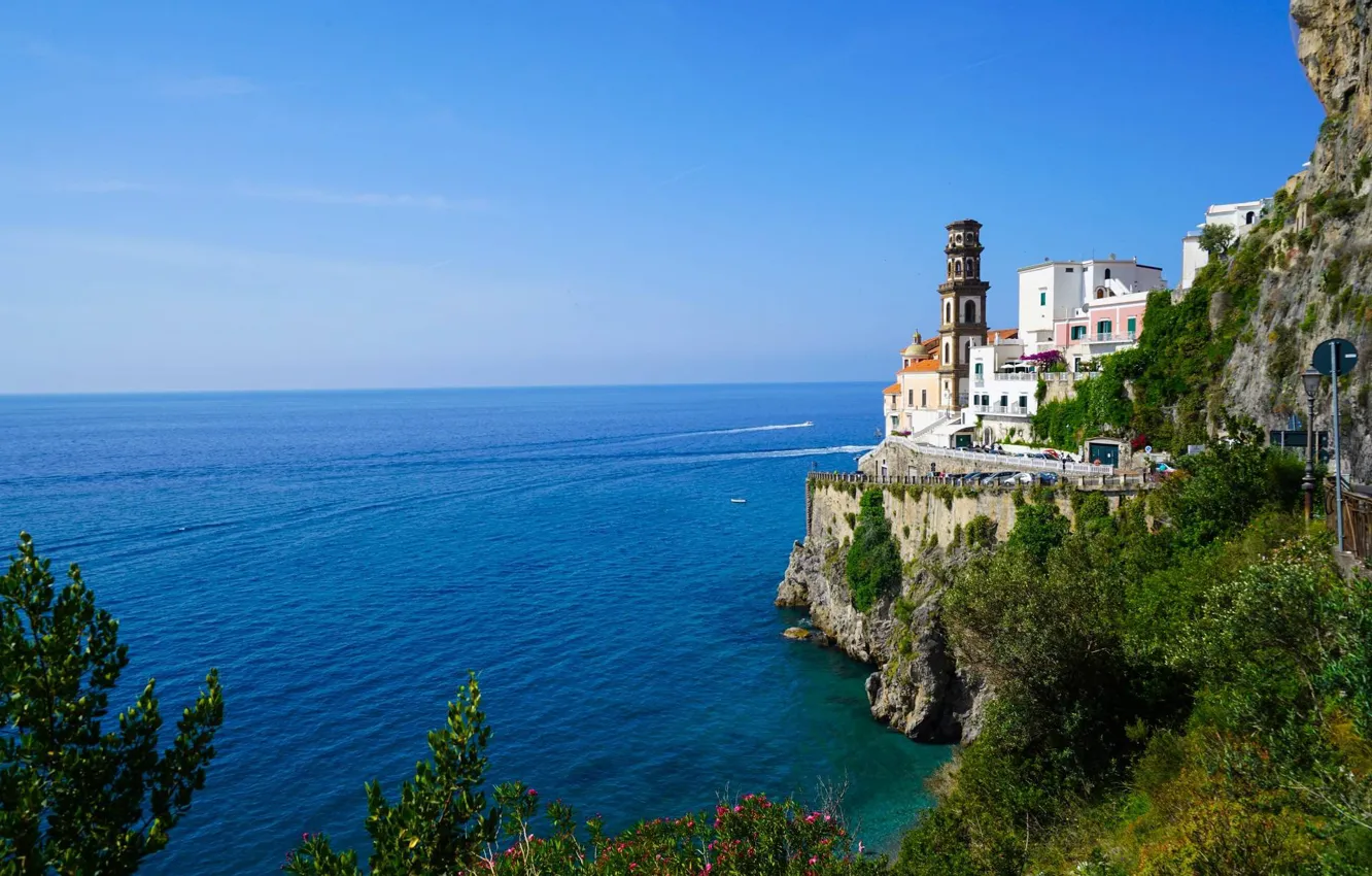 Фото обои море, башня, Италия, Амальфи, Атрани