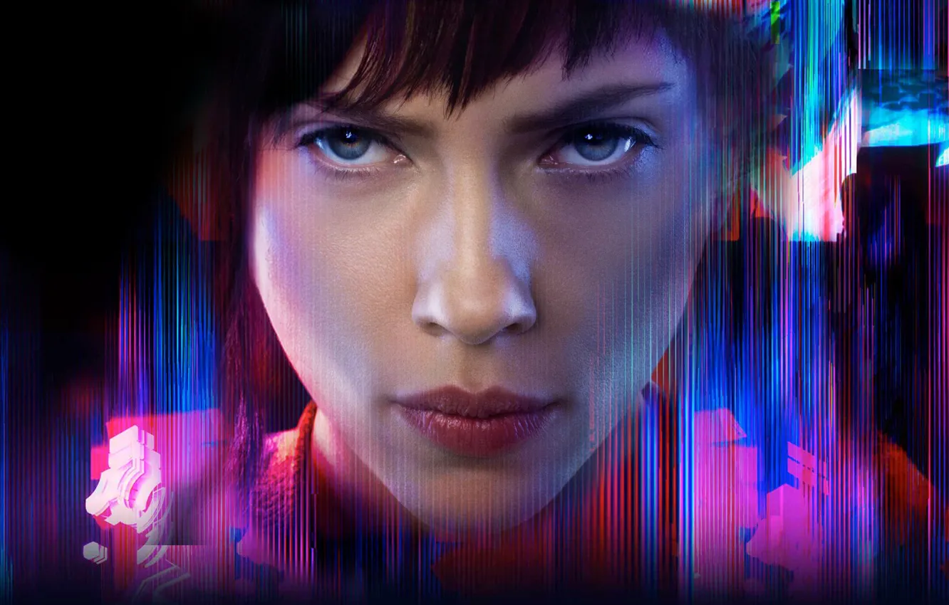 Фото обои Scarlett Johansson, cinema, mecha, anime, movie, Ghost in the Shell, face, brunette