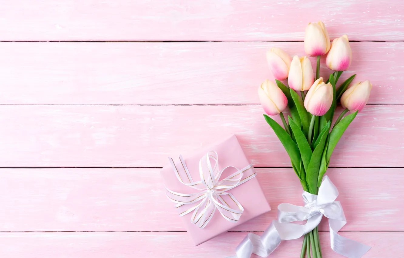 Фото обои фон, розовый, подарок, букет, тюльпаны, Siam Pukkato