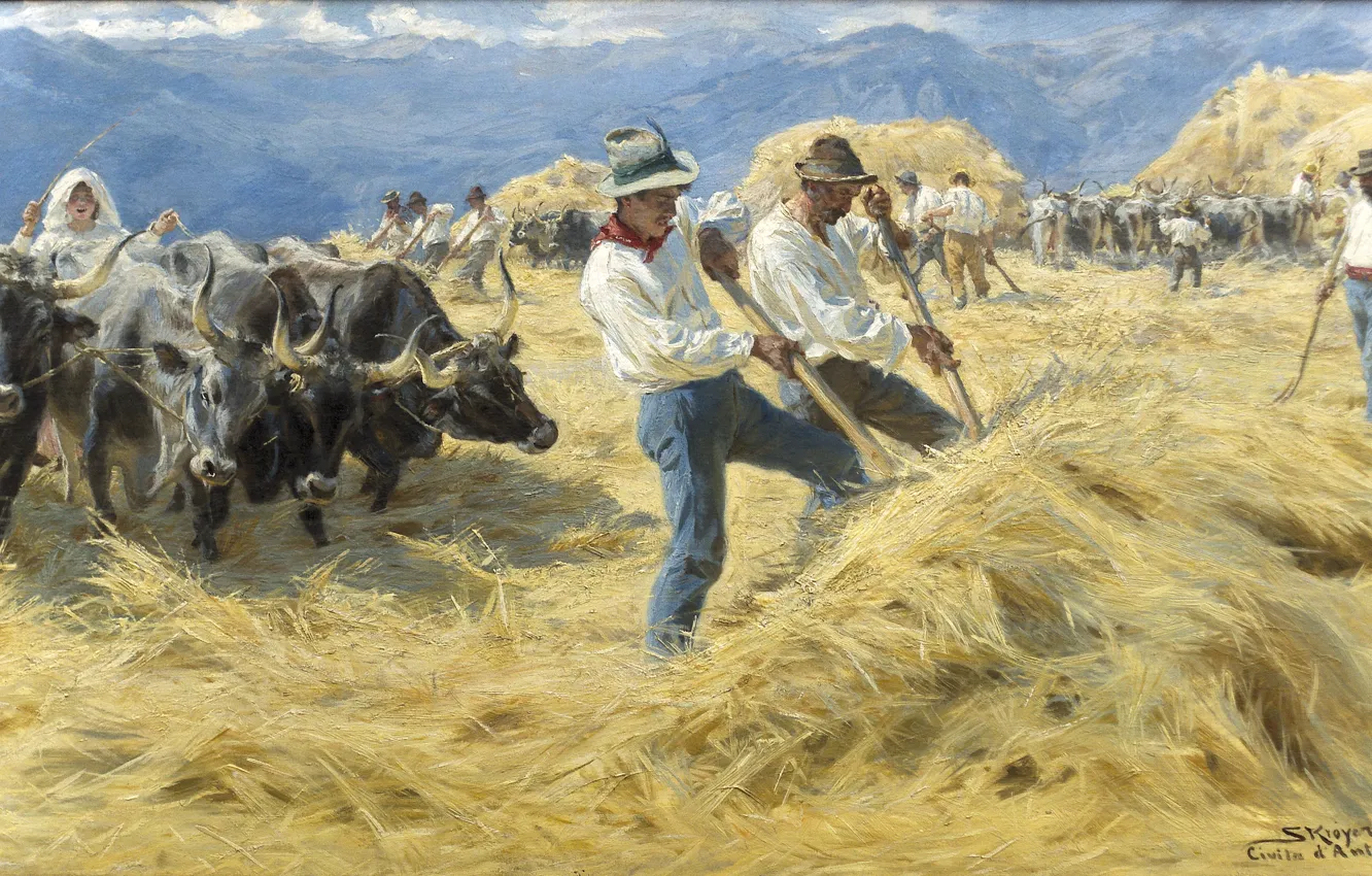 Фото обои painting, hay, harvest, i A bruzzerne, Tærskning, stack, Severin Kroyer