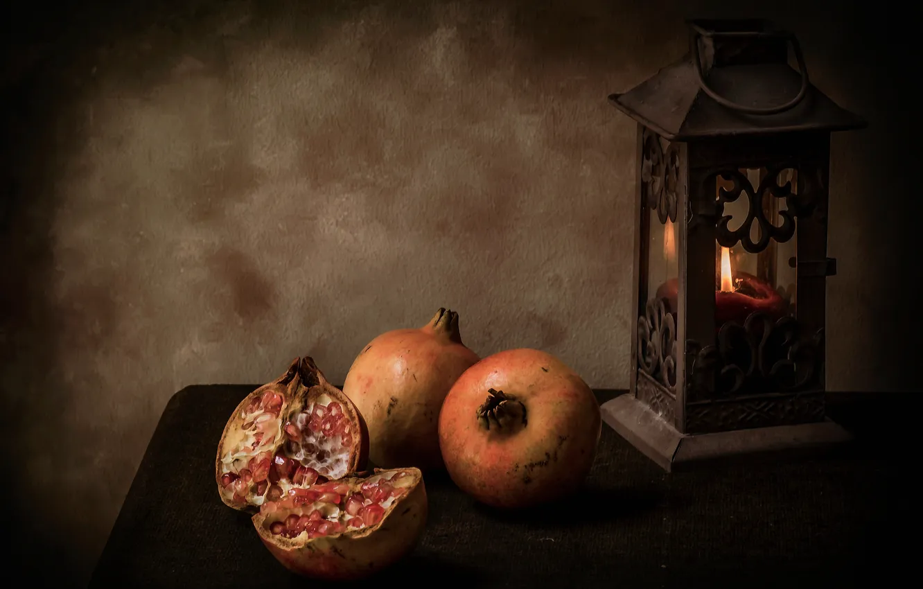 Фото обои пламя, свеча, светильник, натюрморт, плод, гранат
