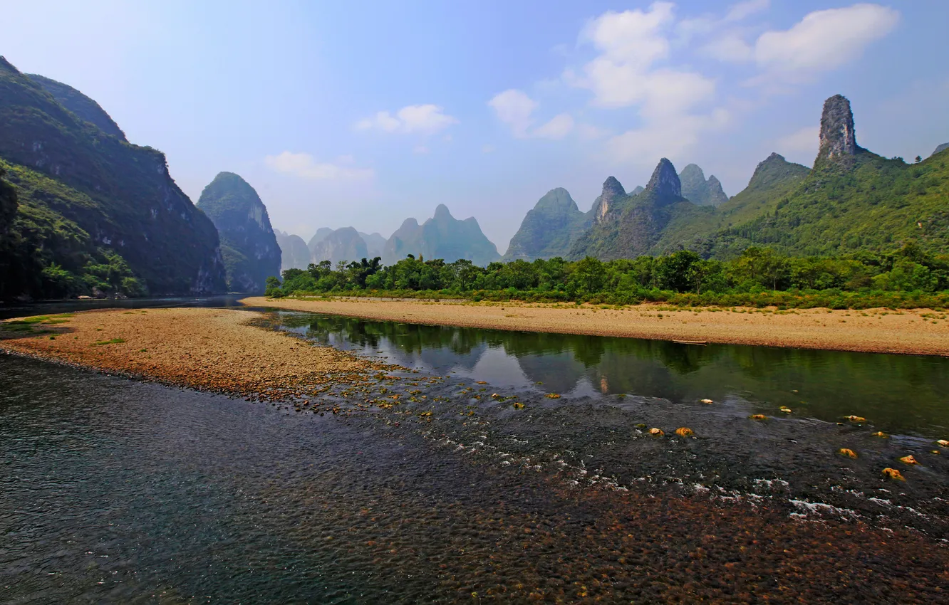 Фото обои горы, природа, река, берег