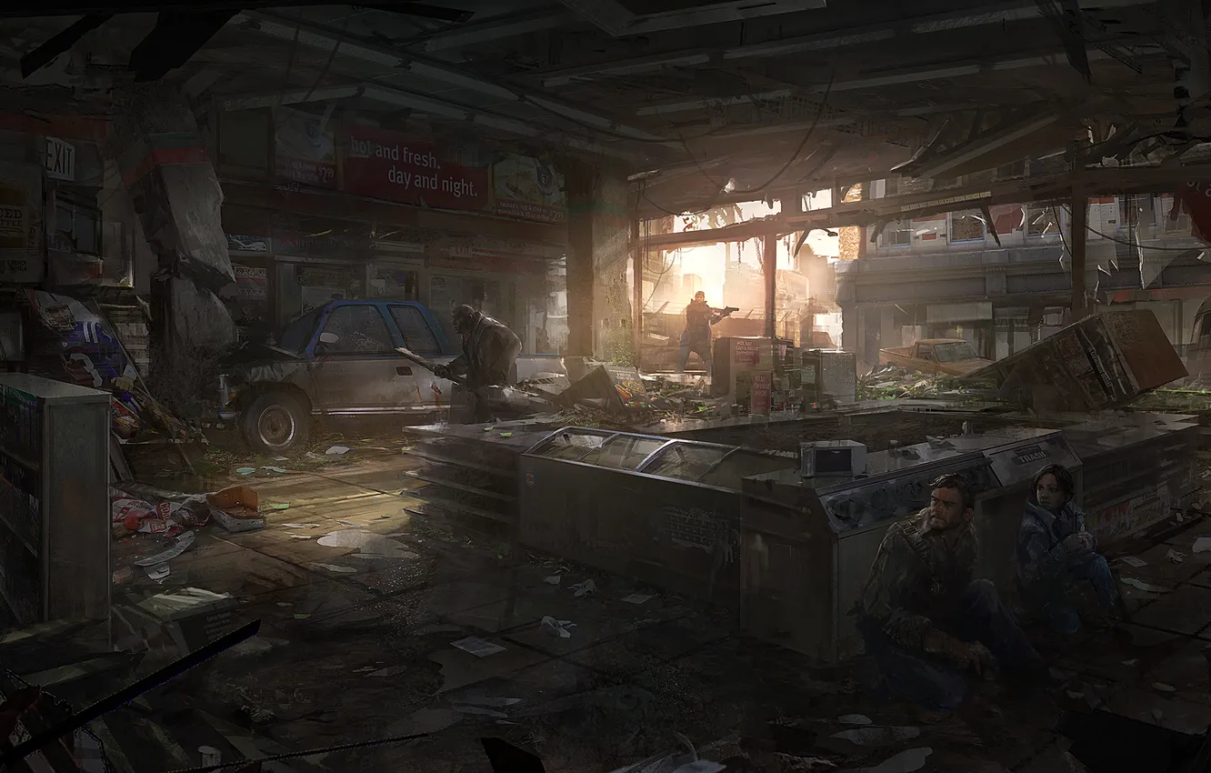 Фото обои город, апокалипсис, бандиты, Элли, магазин, эпидемия, The Last of Us, Джоэл