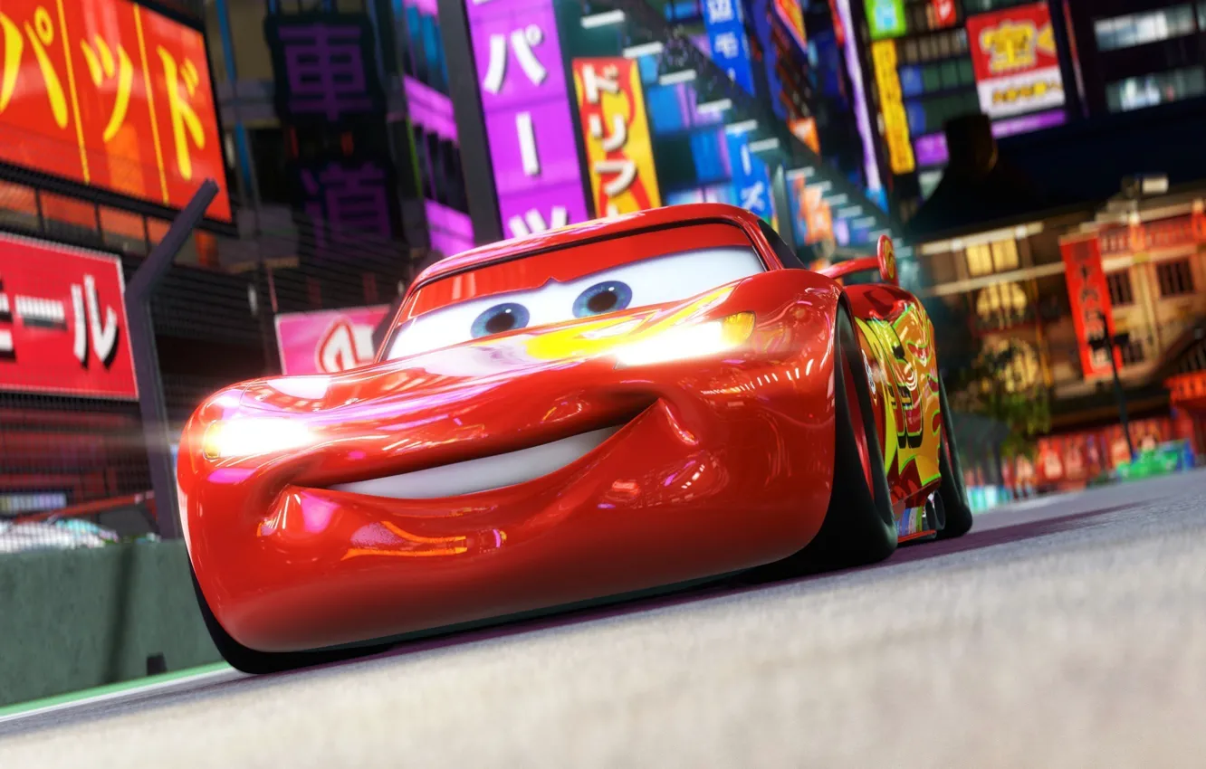 Фото обои Tokyo, Pixar, Cars, Cars 2, animated film, Owen Wilson, kanji, animated movie