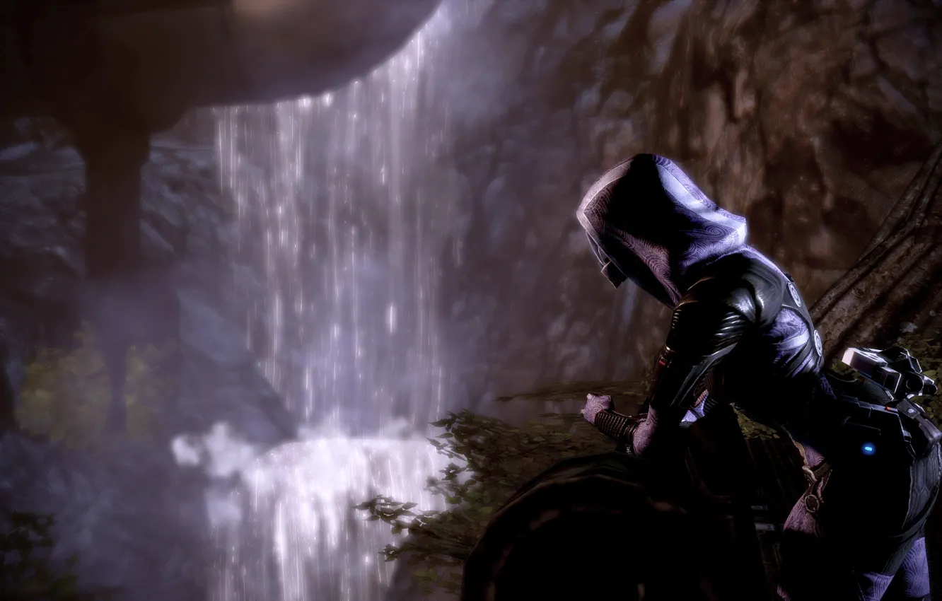 Фото обои трава, горы, водопад, Mass Effect 2.Тали