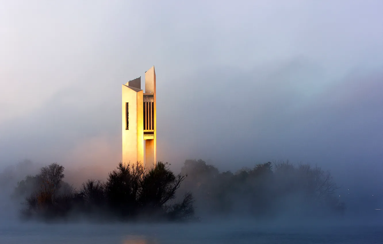 Фото обои туман, утро, Австралия, Канберра, Национальный карильон, остров Аспен, механический музыкальный инструмент