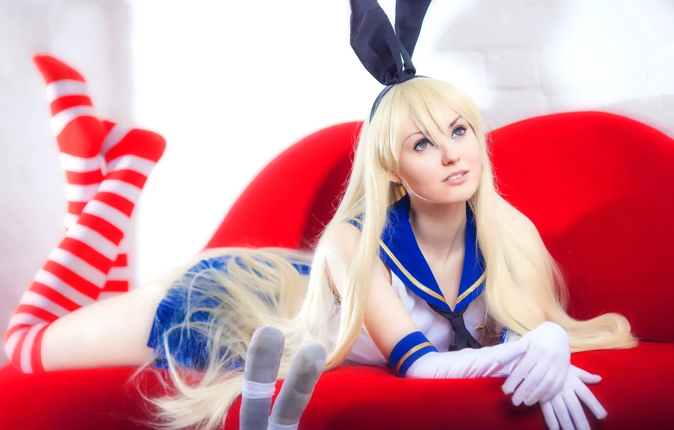 Фото обои girl, pretty, cosplay, blonde, sofa, uniform, seifuku, rabbit ears