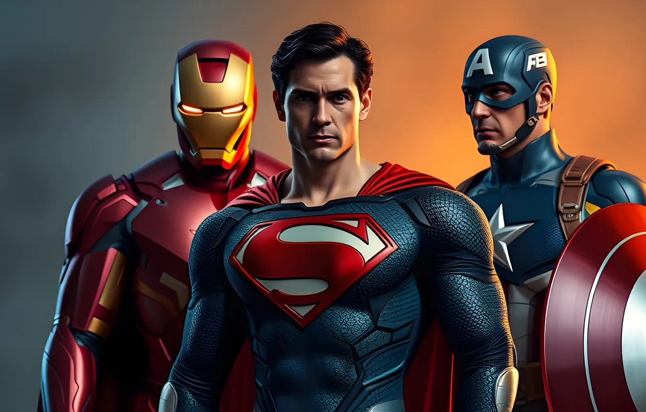 Фото обои Captain America, Superman, Man, Ironman, AI Art