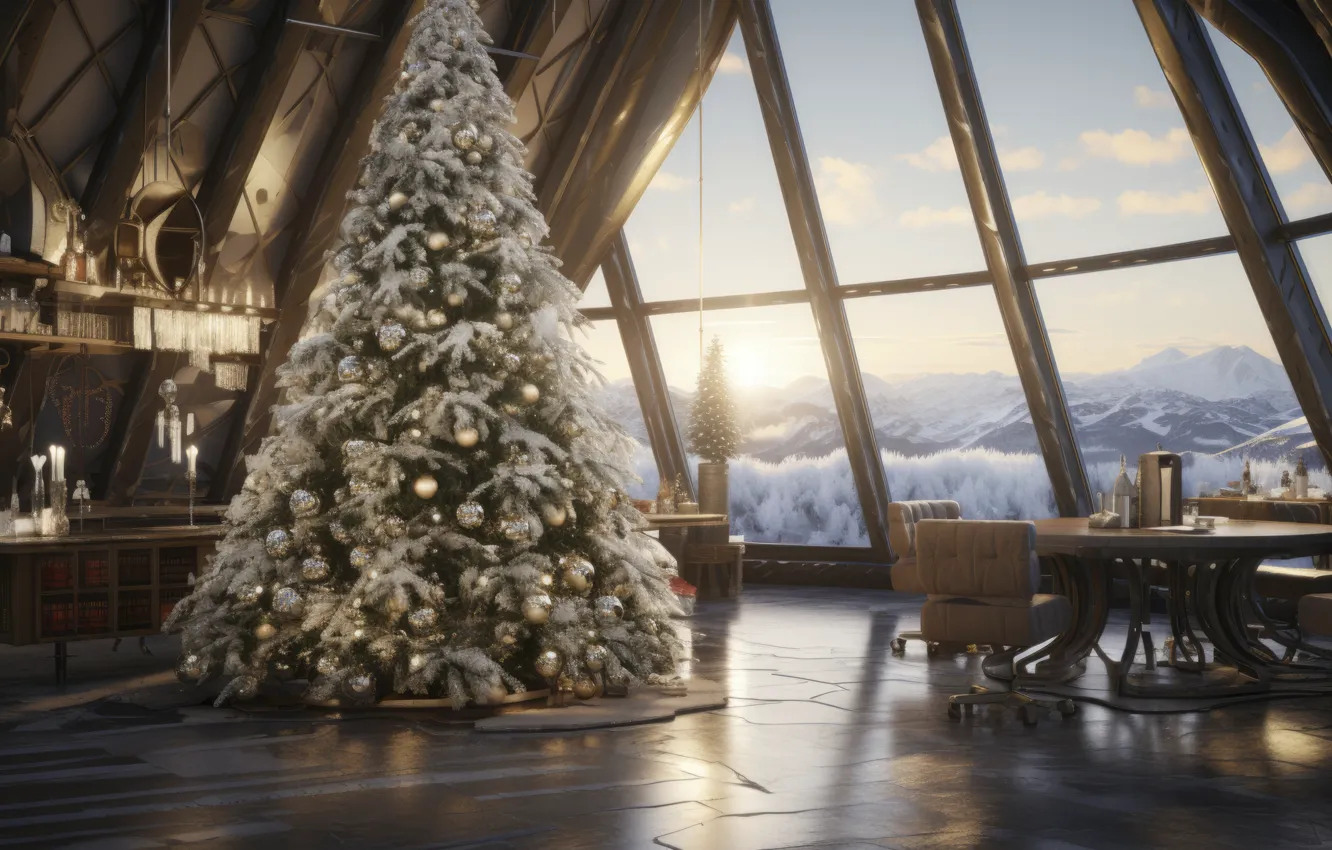 Фото обои украшения, комната, шары, елка, интерьер, Новый Год, окно, Рождество
