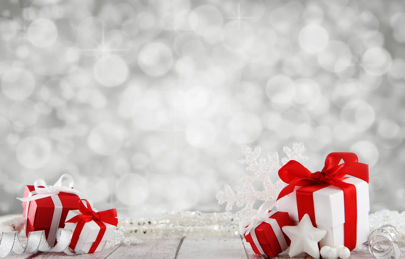 Фото обои украшения, праздник, шары, звезда, новый год, лента, подарки, коробочки