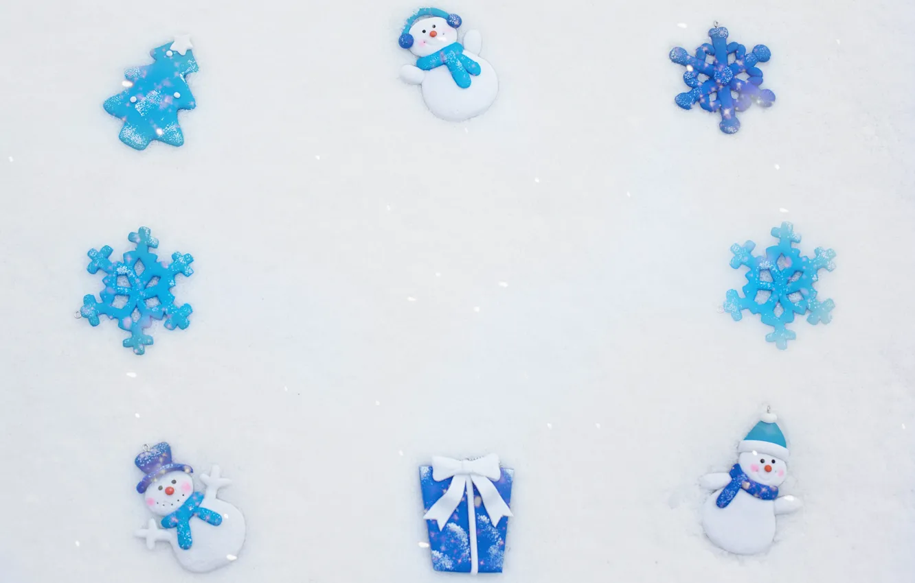 Фото обои зима, снег, снежинки, коробка, подарок, игрушки, голубые, Рождество