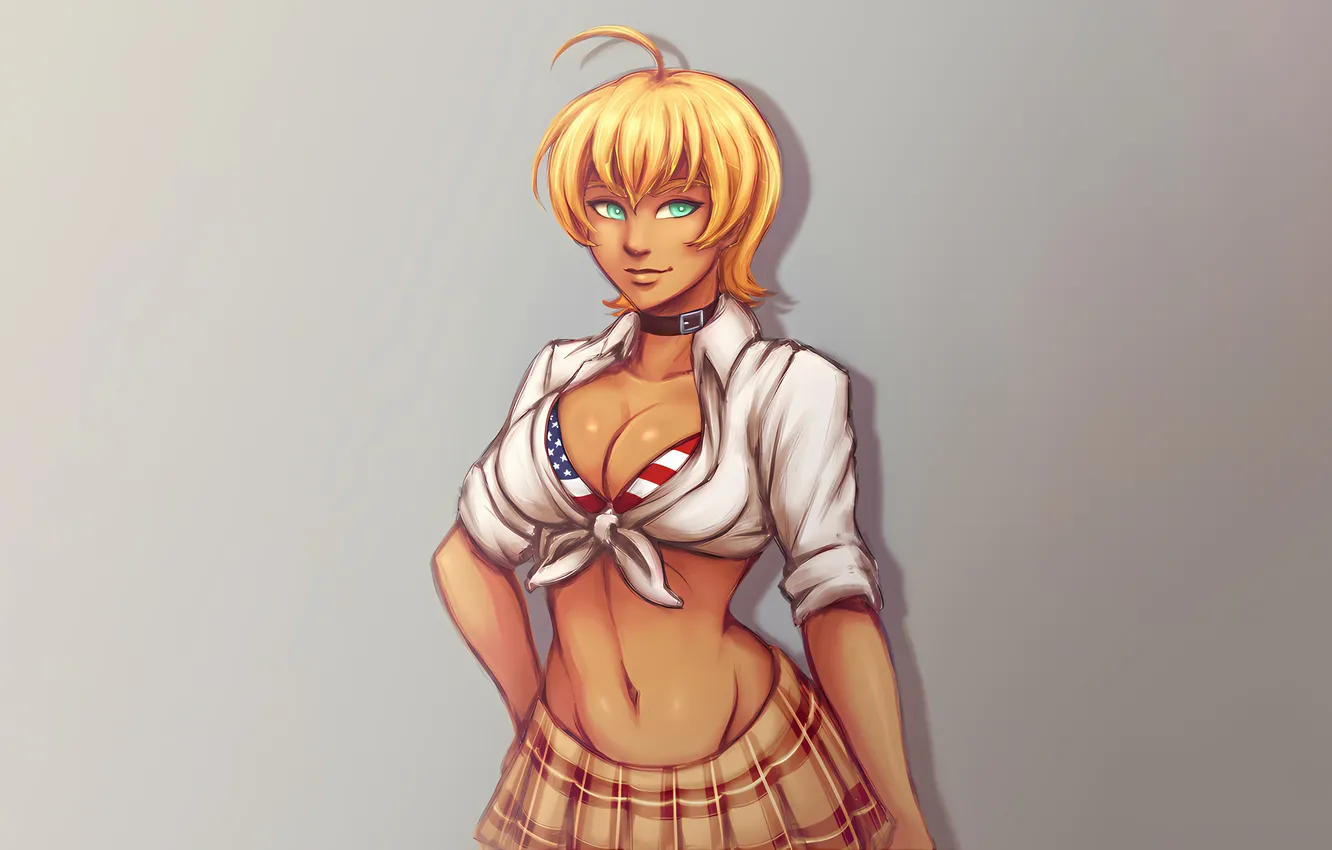 Фото обои girl, sexy, bra, cleavage, school uniform, green eyes, boobs, sexy girl