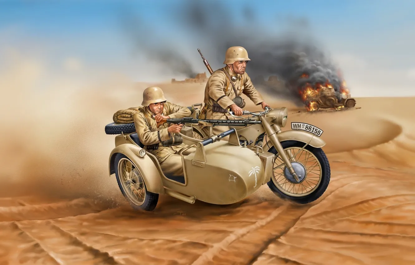 Фото обои песок, оружие, дым, арт, мотоцикл, солдаты, горящая, WW2