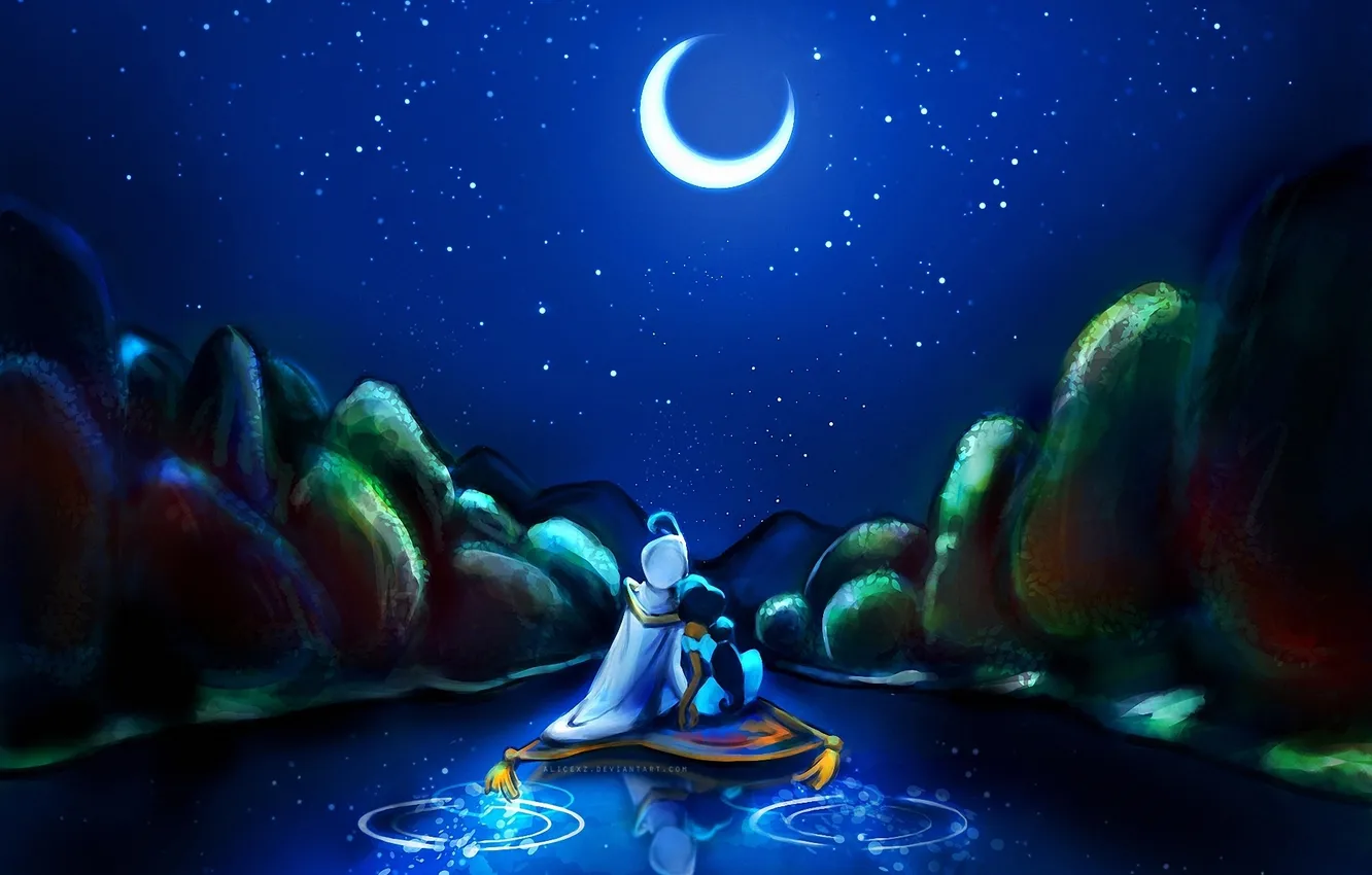 Фото обои вода, ночь, отражение, луна, звёзды, ковёр-самолёт, Алладин. Жасмин