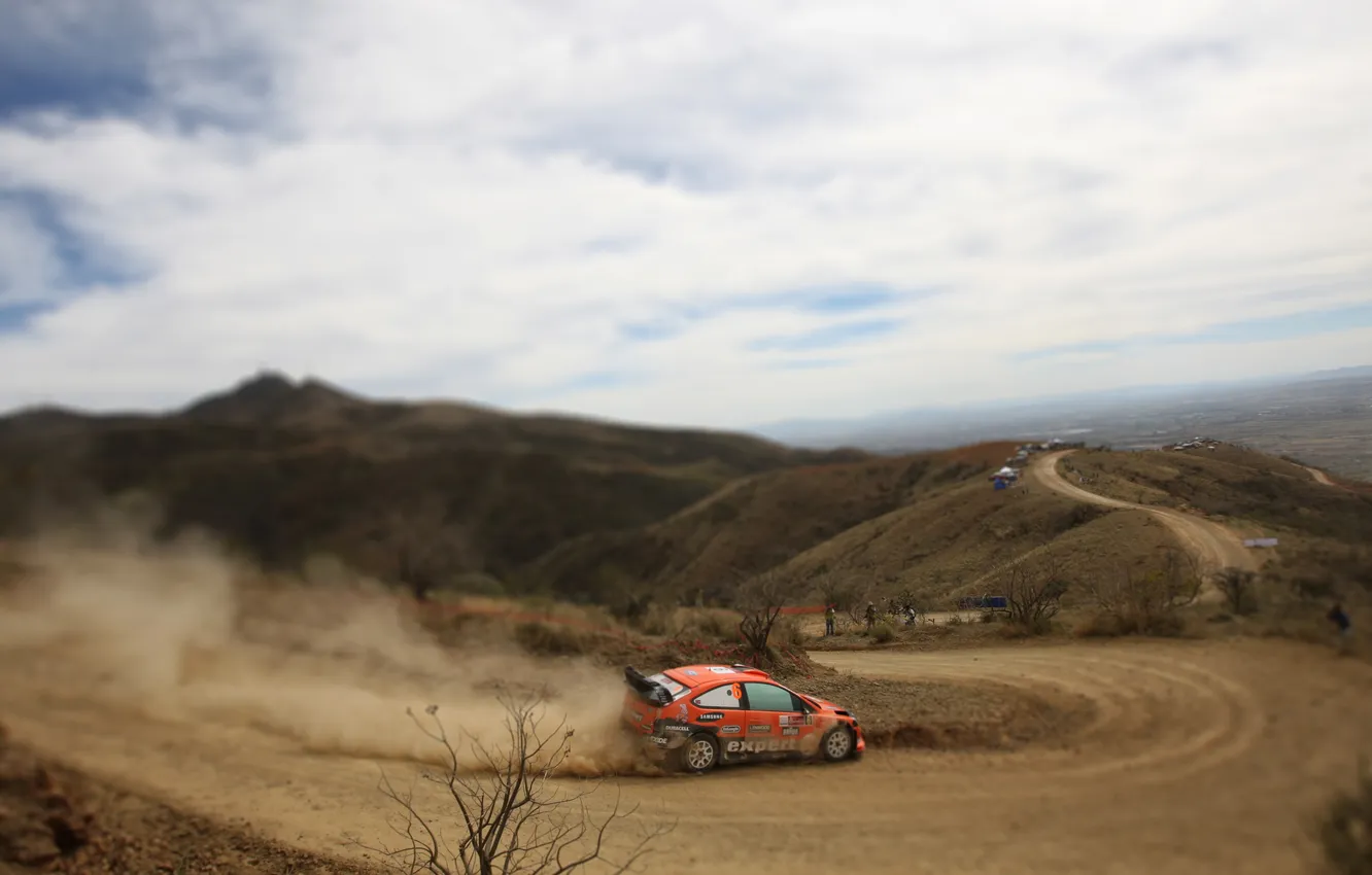 Фото обои Ford, Дорога, Пыль, Машина, Оранжевый, Rally, Размытие, tilt- shift