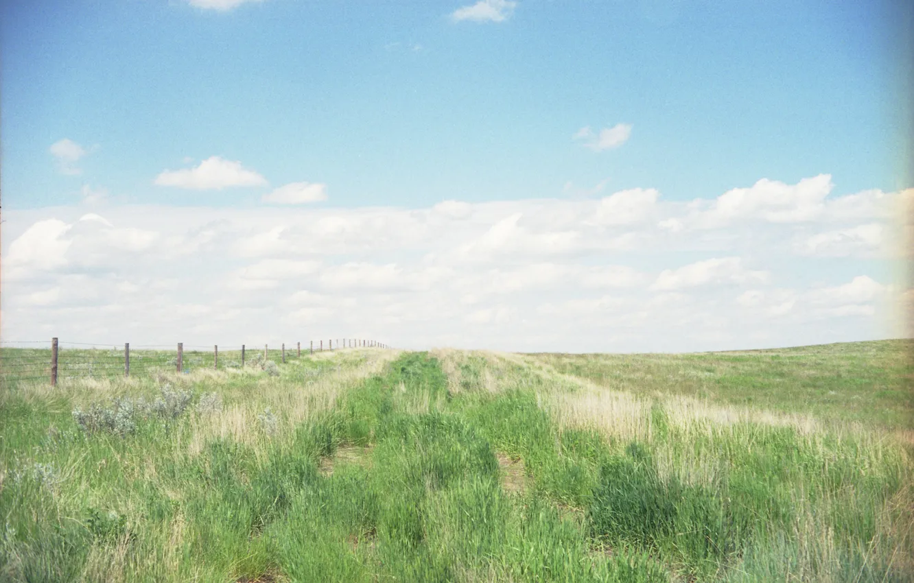 Фото обои небо, трава, облака, забор, поля, сельская местность, солнечный, фермы