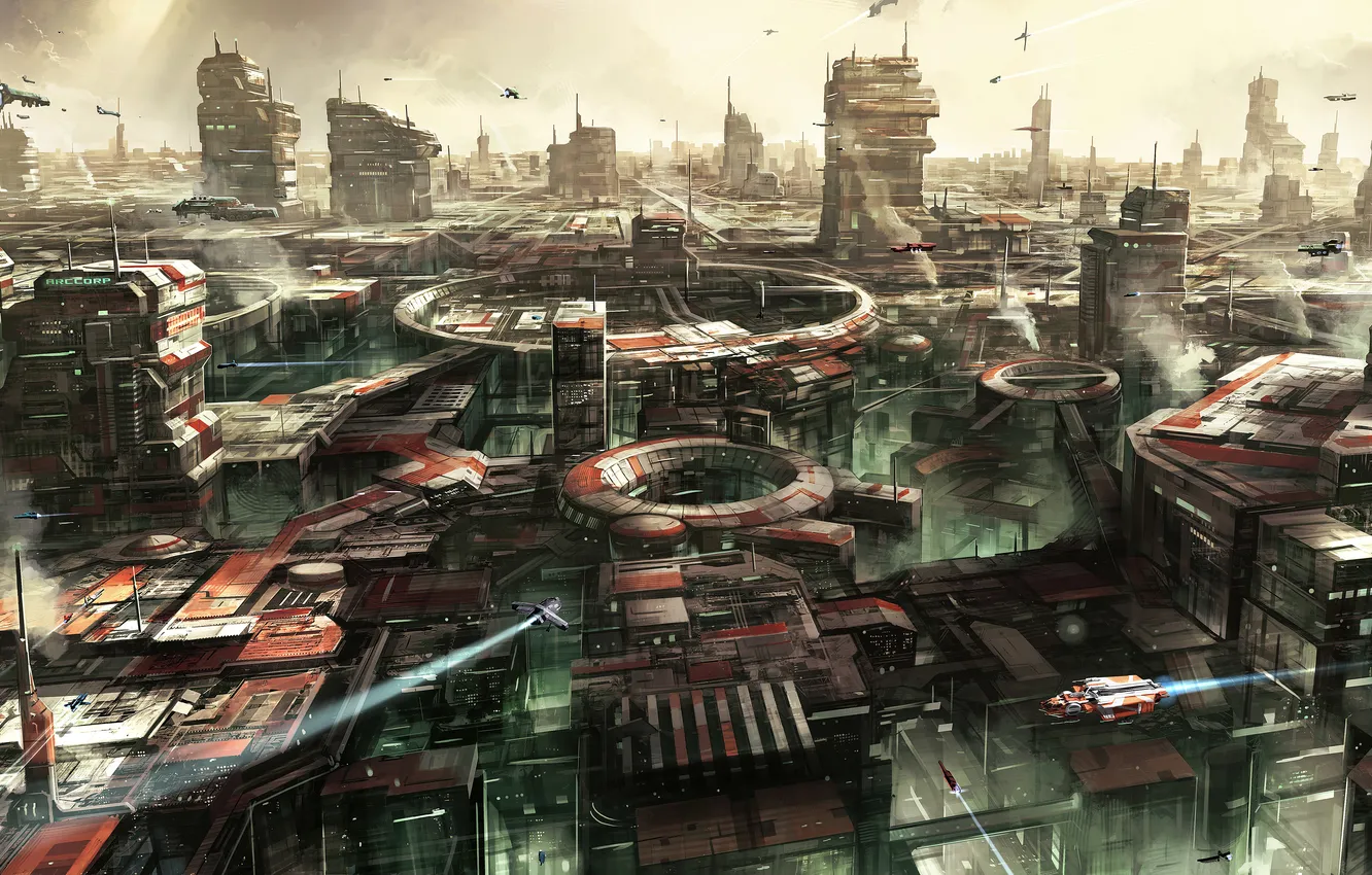 Фото обои космос, машины, город, здания, корабли, space, planet, game wallpapers