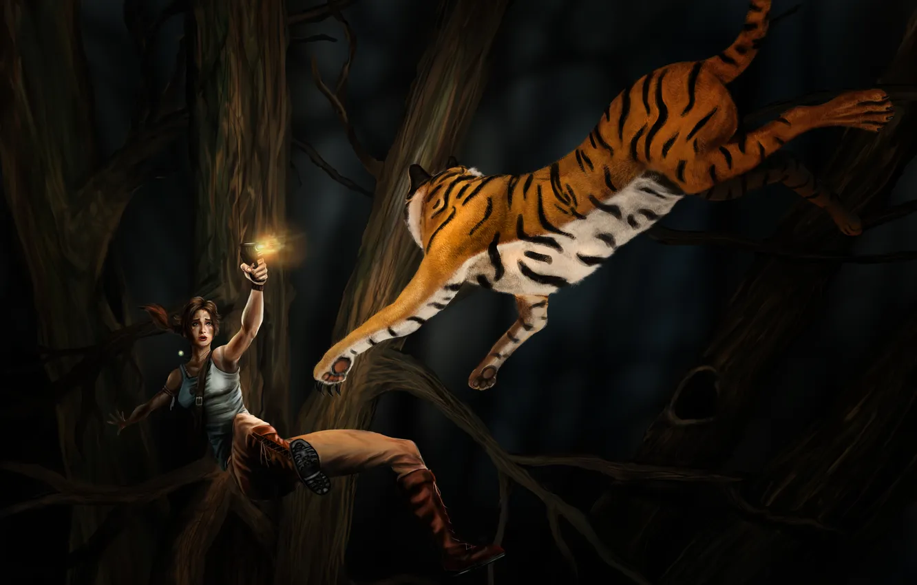 Фото обои тигр, Tomb Raider, Райдер, Лара, крофт, Томб