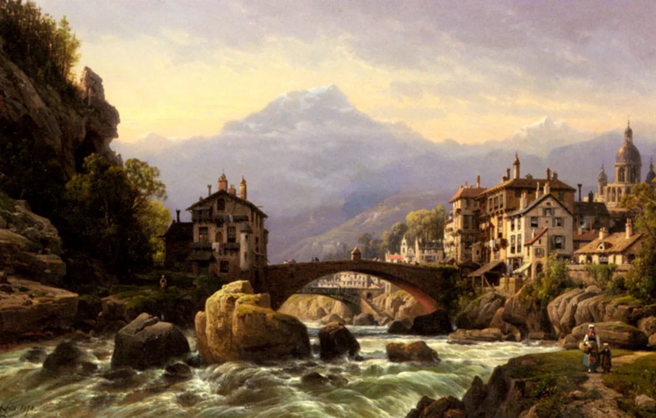 Фото обои небо, горы, тучи, мост, река, картина, пороги, Charles Euphrasie
